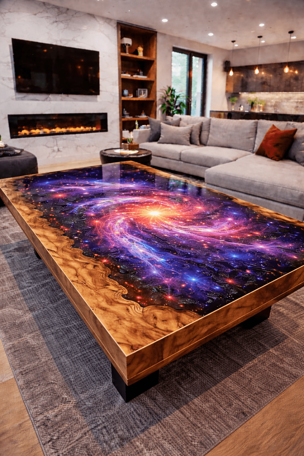 Rectangular galaxy resin coffee table featuring cosmic swirl design and solid wood border