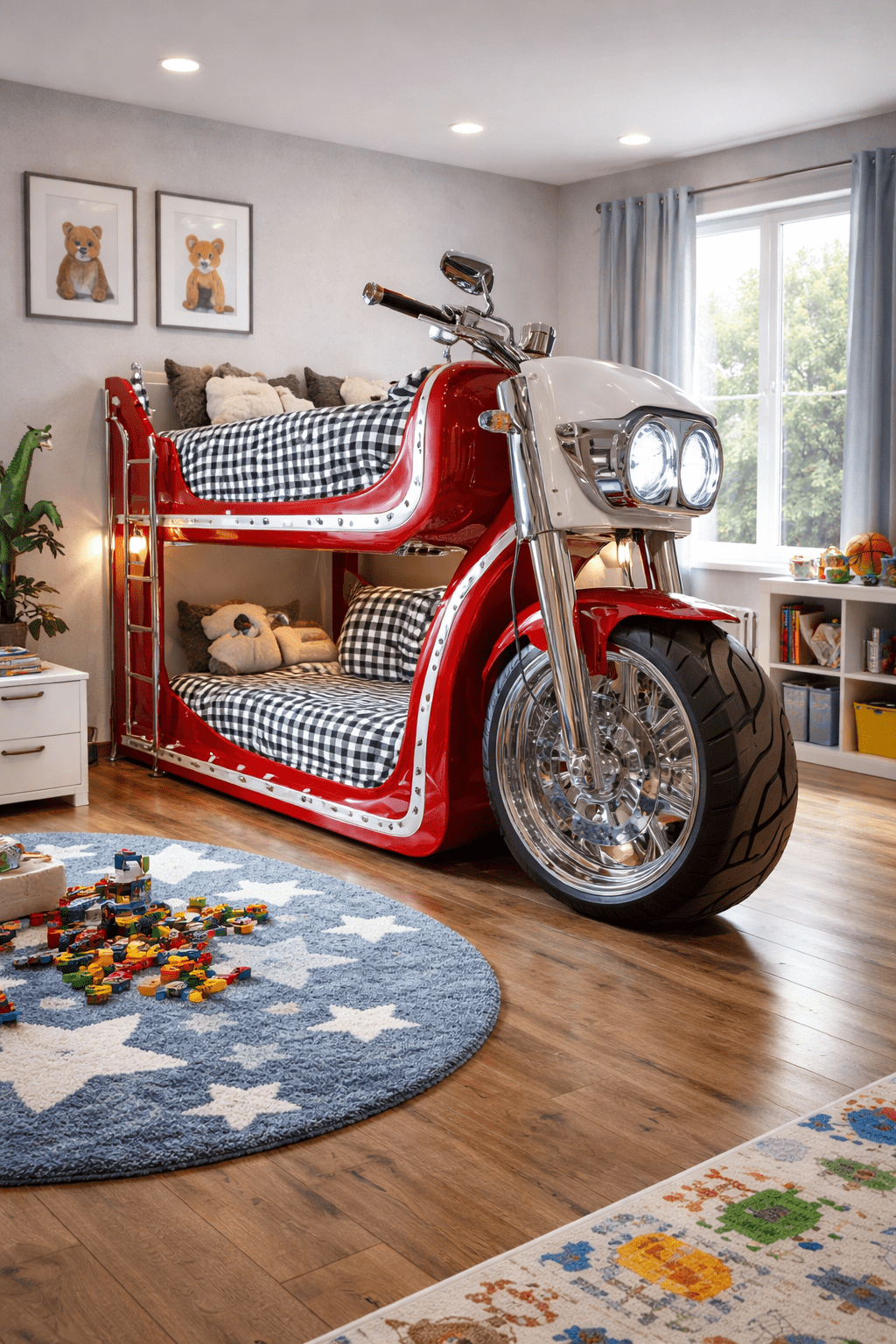 Red motorcycle bunk bed with realistic chrome wheels in modern children’s bedroom