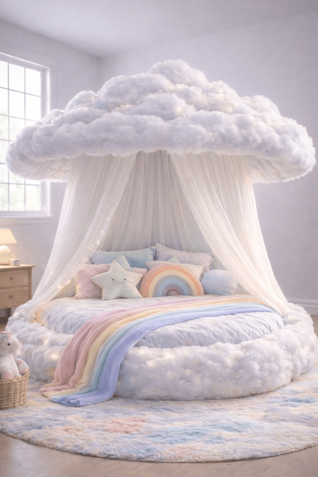 White plush cloud canopy bed with sheer drapes and warm fairy lighting