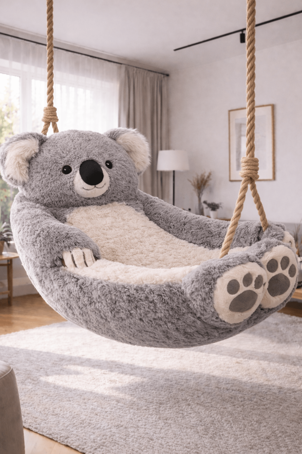 Grey koala plush hanging chair suspended in cosy home interior