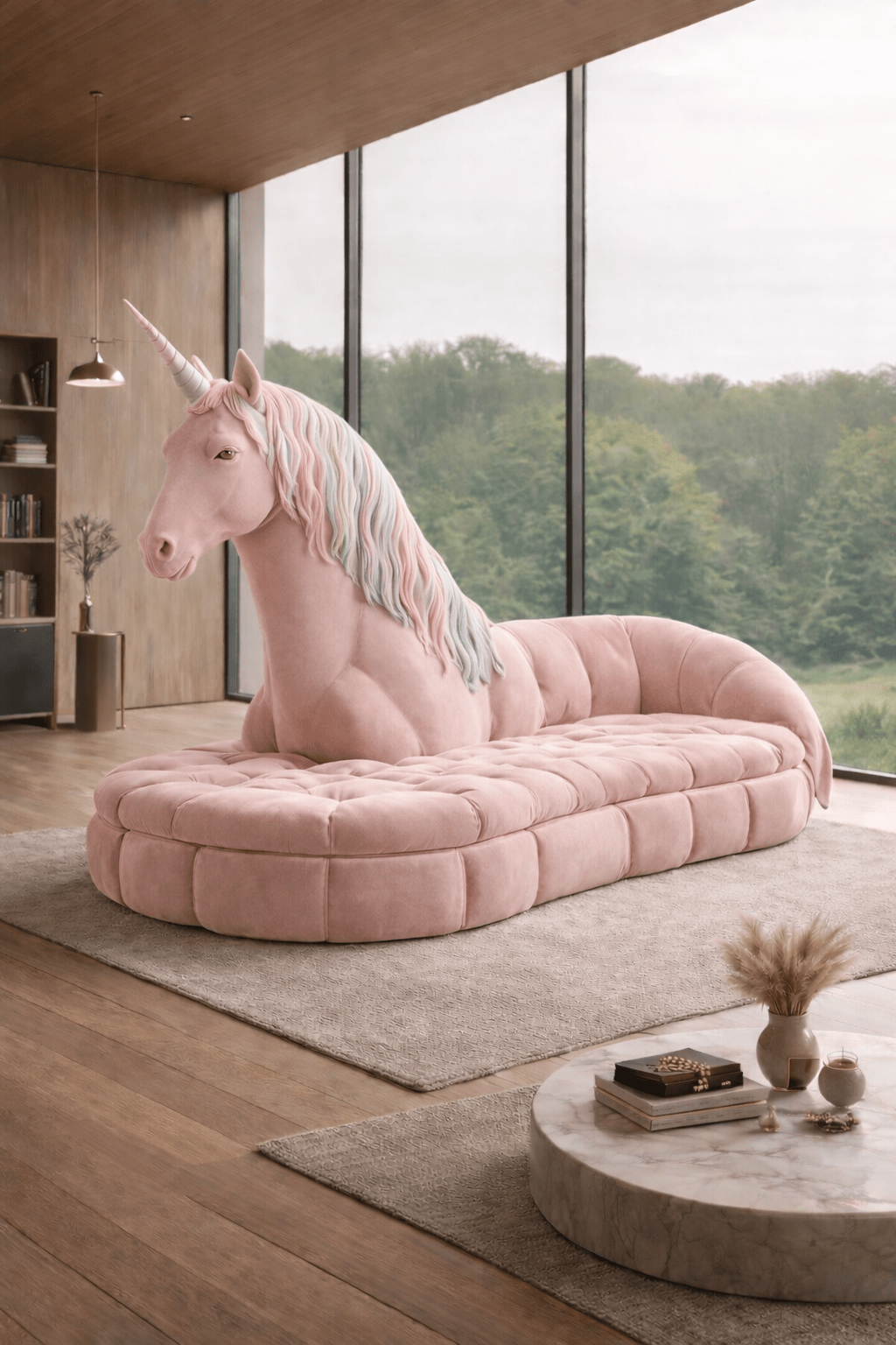 Blush pink oversized unicorn chaise lounge styled in a contemporary interior