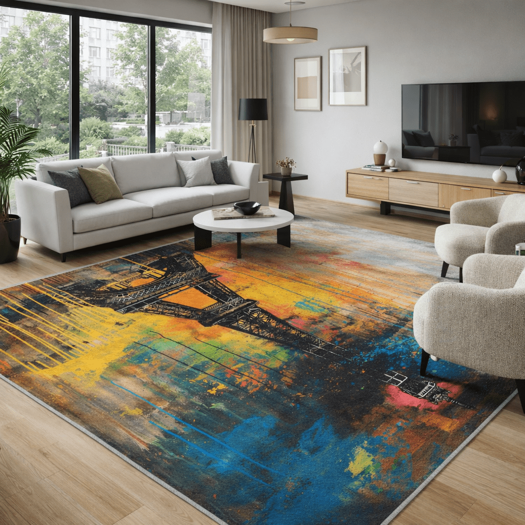 Colourful graffiti art rug featuring Eiffel Tower design in contemporary living room