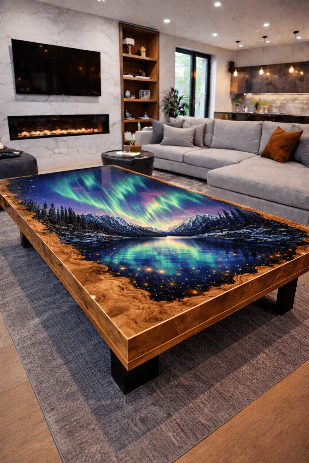 Rectangular resin coffee table showcasing aurora borealis artwork in a modern interior