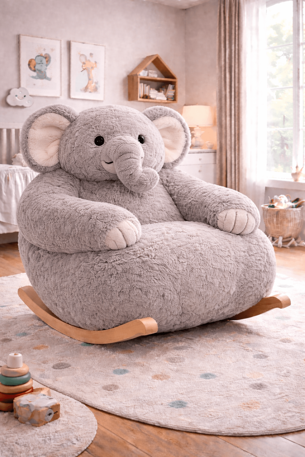 Plush oversized elephant rocking chair in a softly styled nursery with wooden rockers