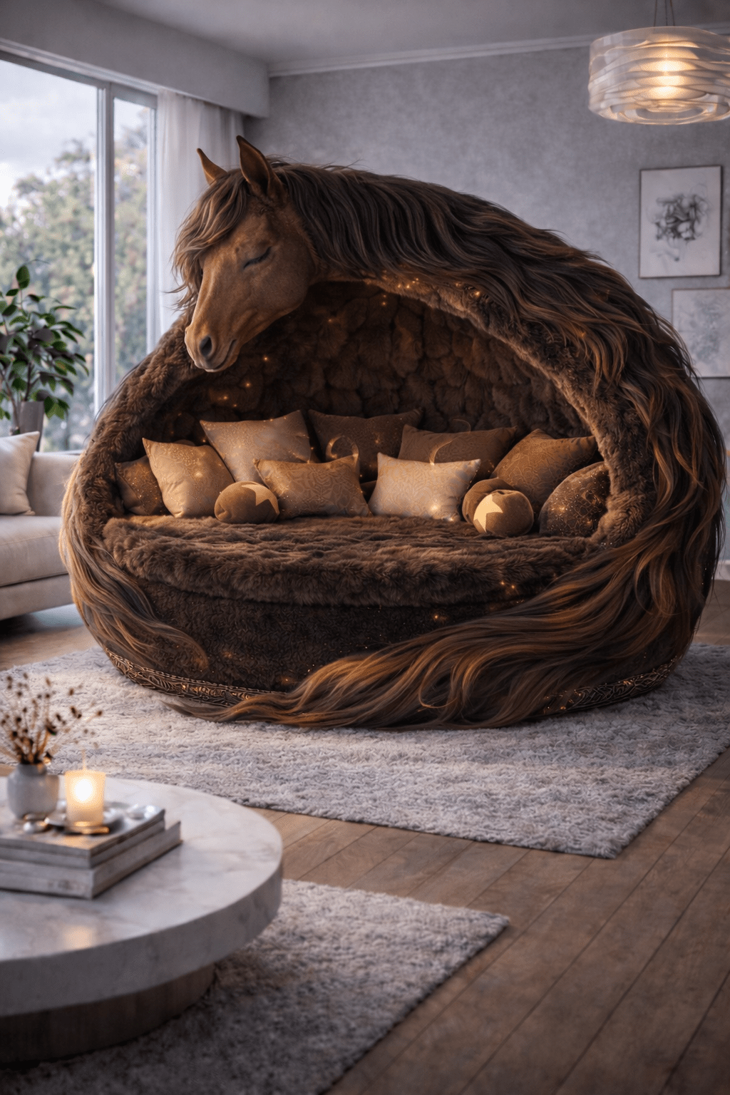 Brown horse-shaped cocoon sofa with fur texture, decorative cushions and magical lighting