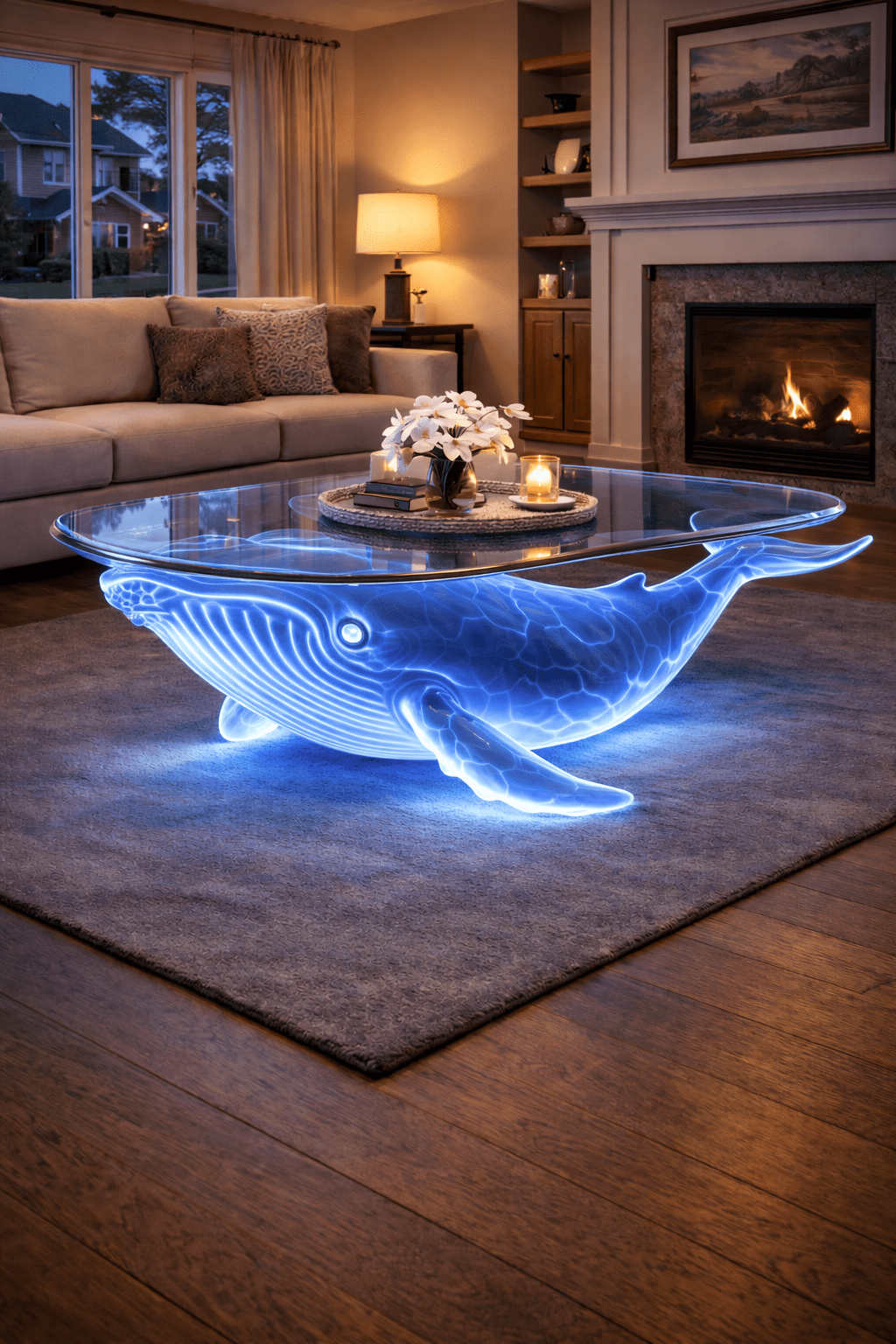 ocean-inspired coffee tables: Whale-shaped illuminated coffee table with glass surface in a modern interior