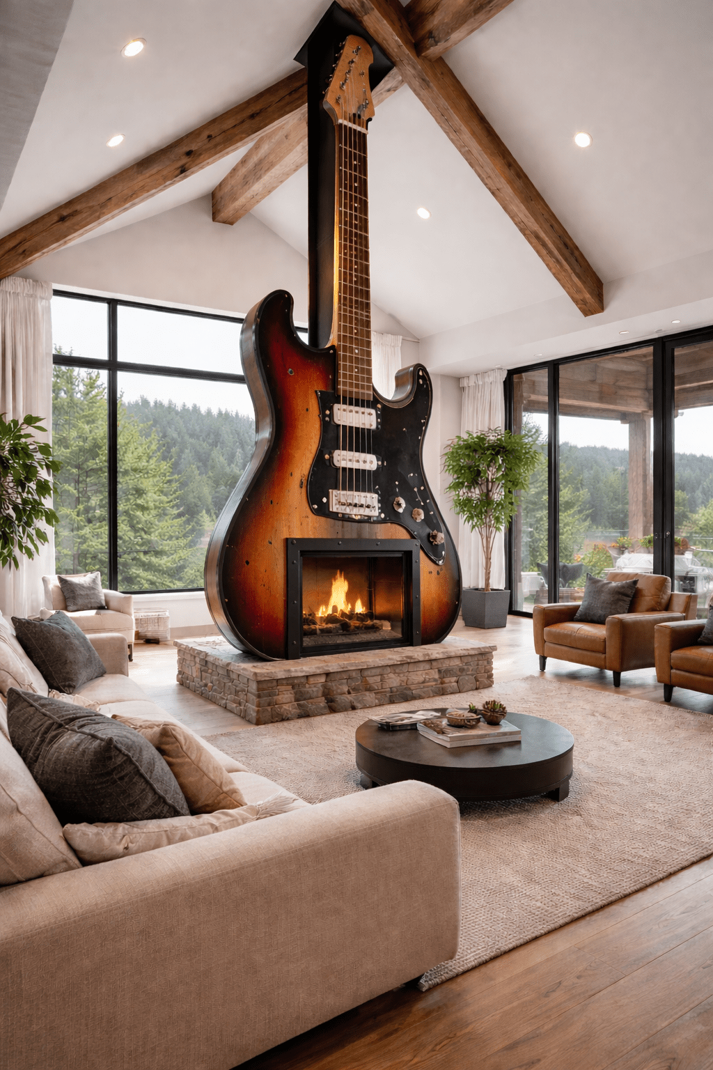 Sunburst electric guitar-inspired fireplace with built-in firebox in luxury living room
