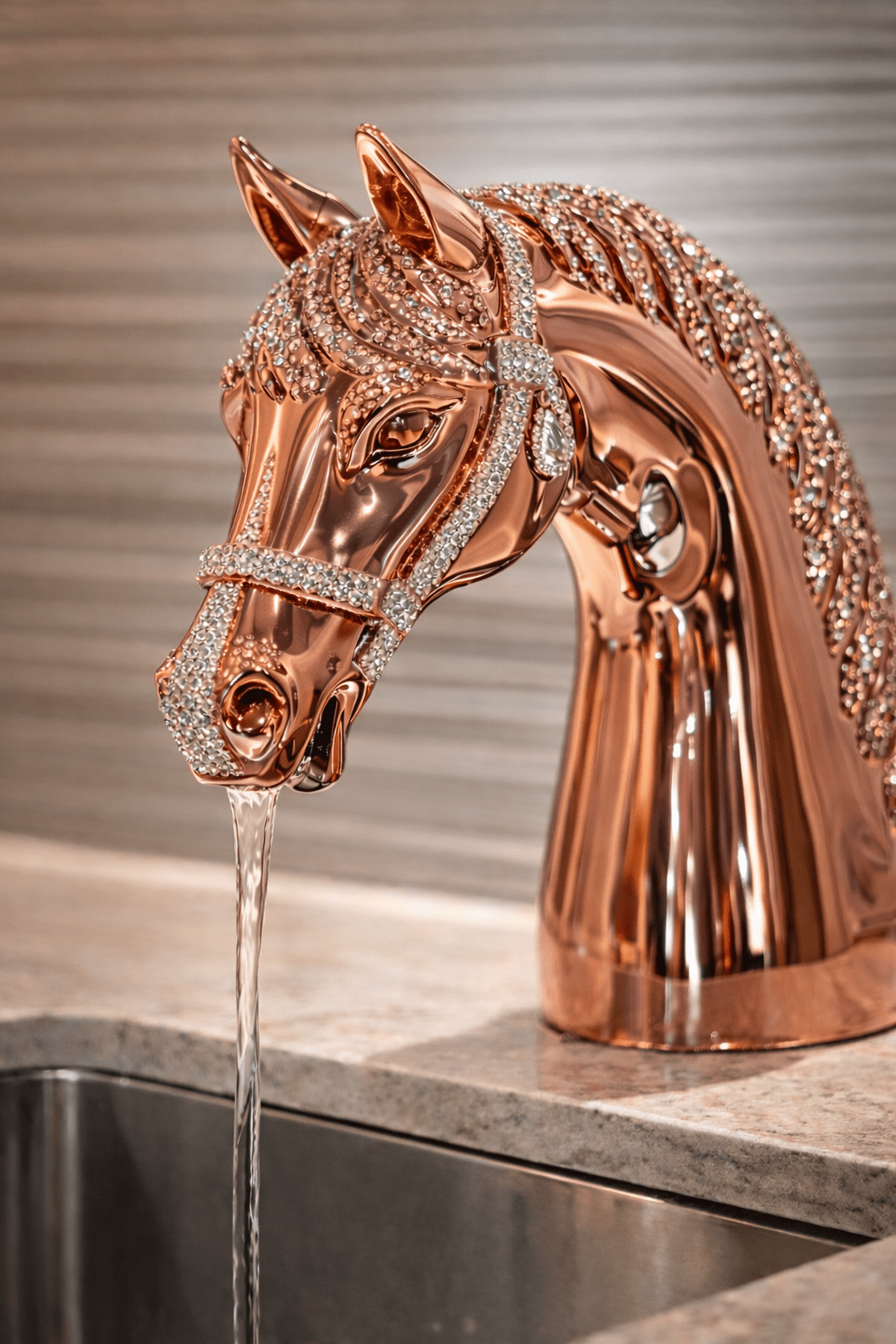 Rose gold horse head tap with crystal mane in luxury kitchen setting