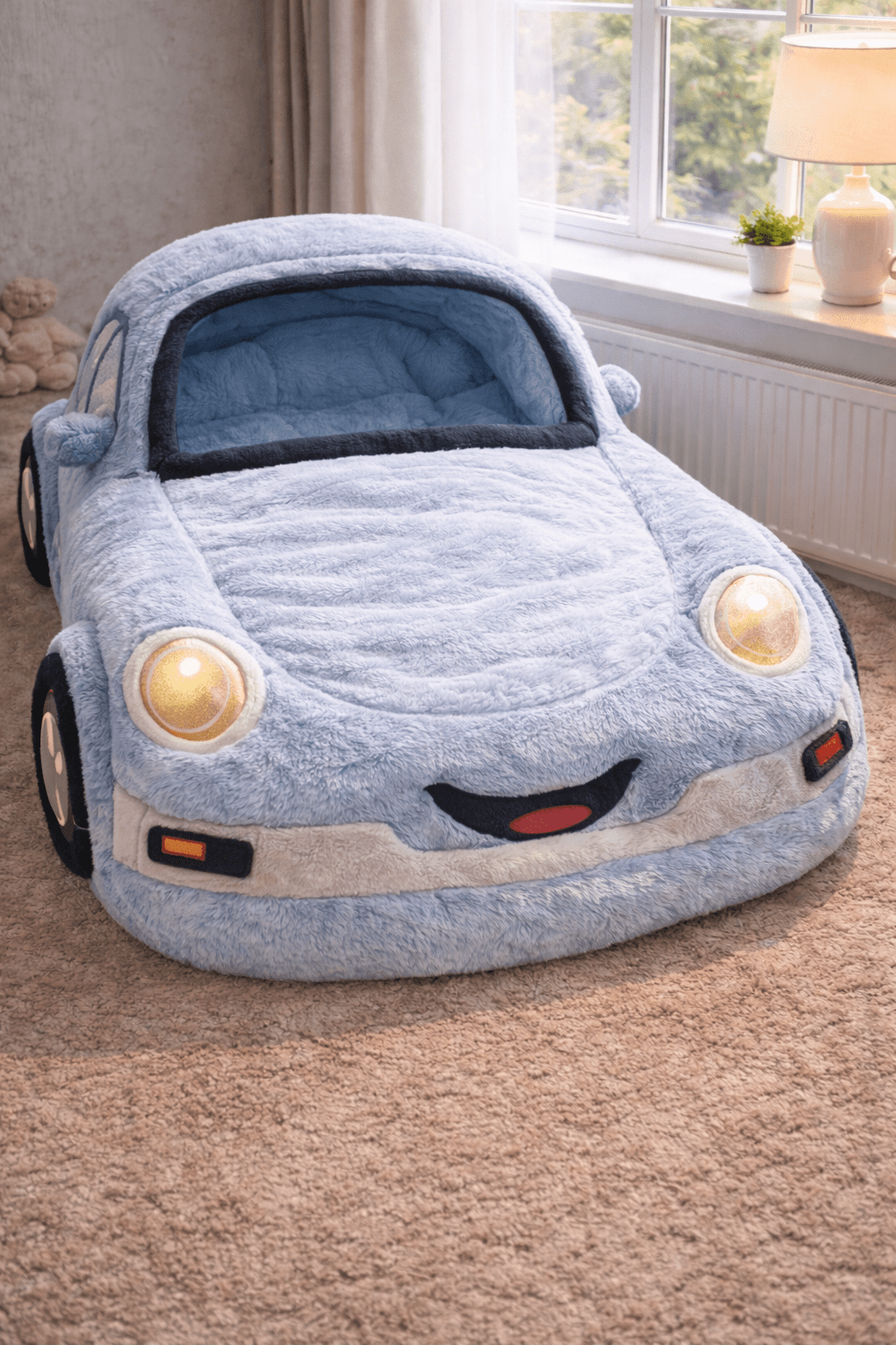 Blue plush car-shaped kids sleeping bag with soft padded sides in a cosy bedroom
