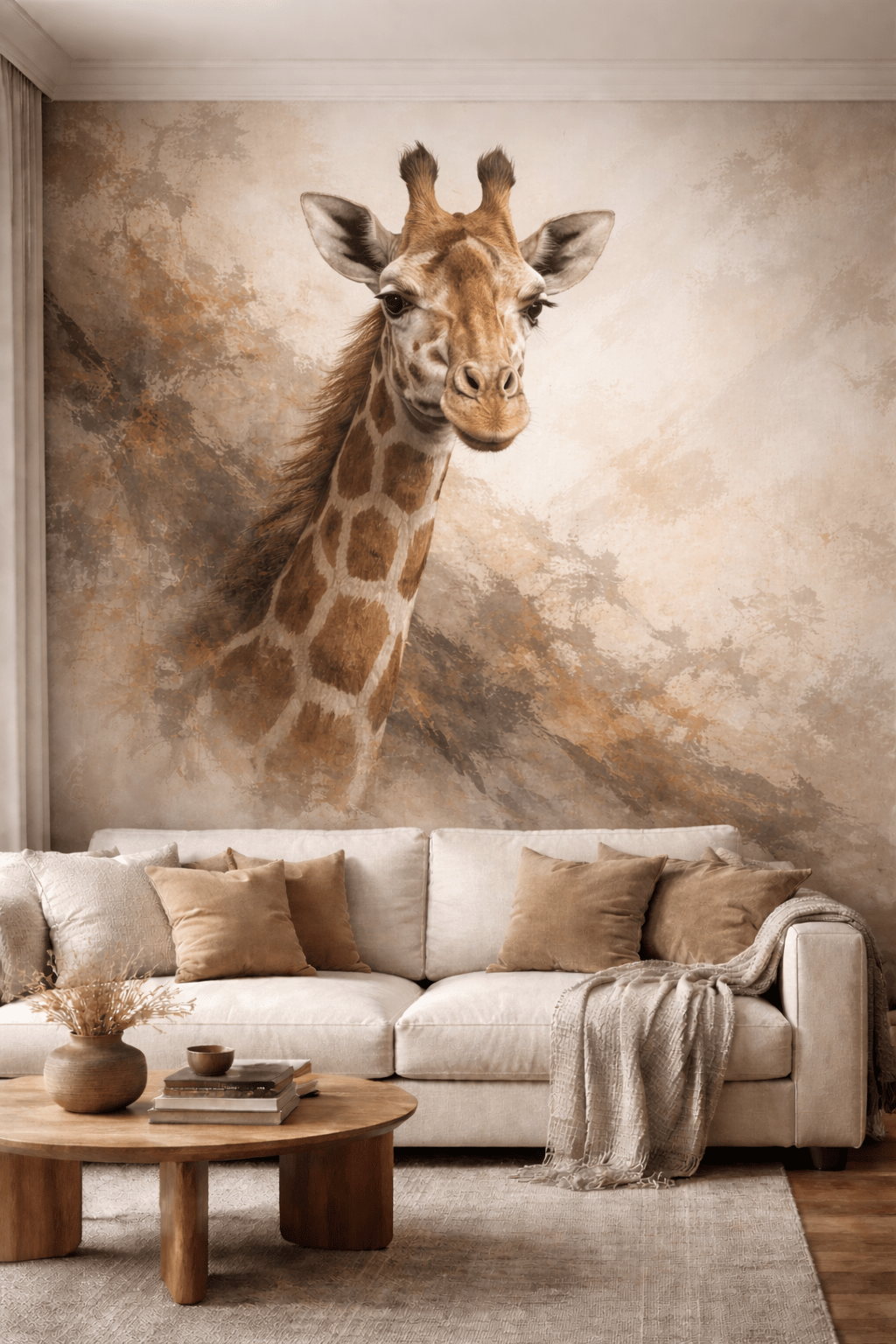 Giraffe safari wall mural in warm earthy tones above a neutral sofa