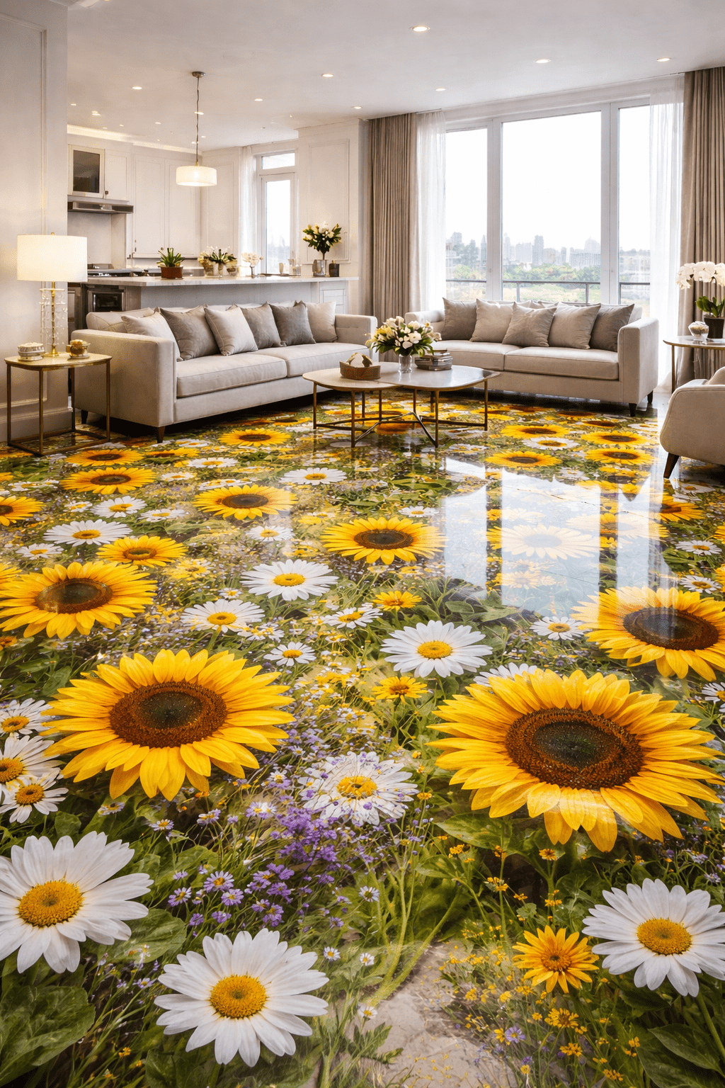 Bright sunflower epoxy resin floor with high‑gloss botanical finish