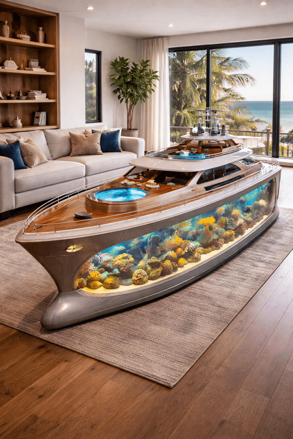 Superyacht-style aquarium coffee table with wooden deck and panoramic fish tank