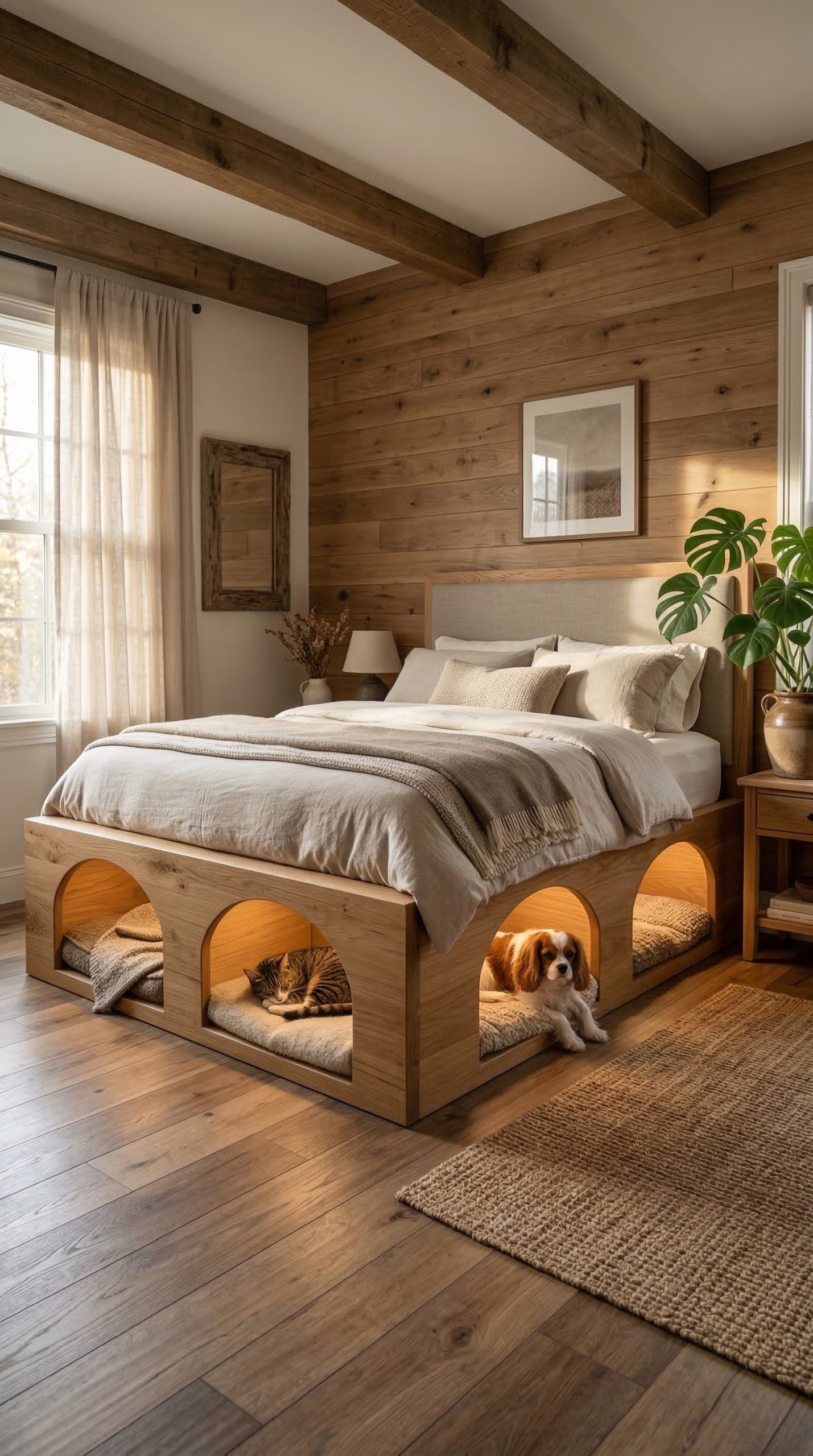 Wooden bed frame with integrated pet beds underneath, featuring a cosy bedroom with a cat and dog resting in softly lit compartments