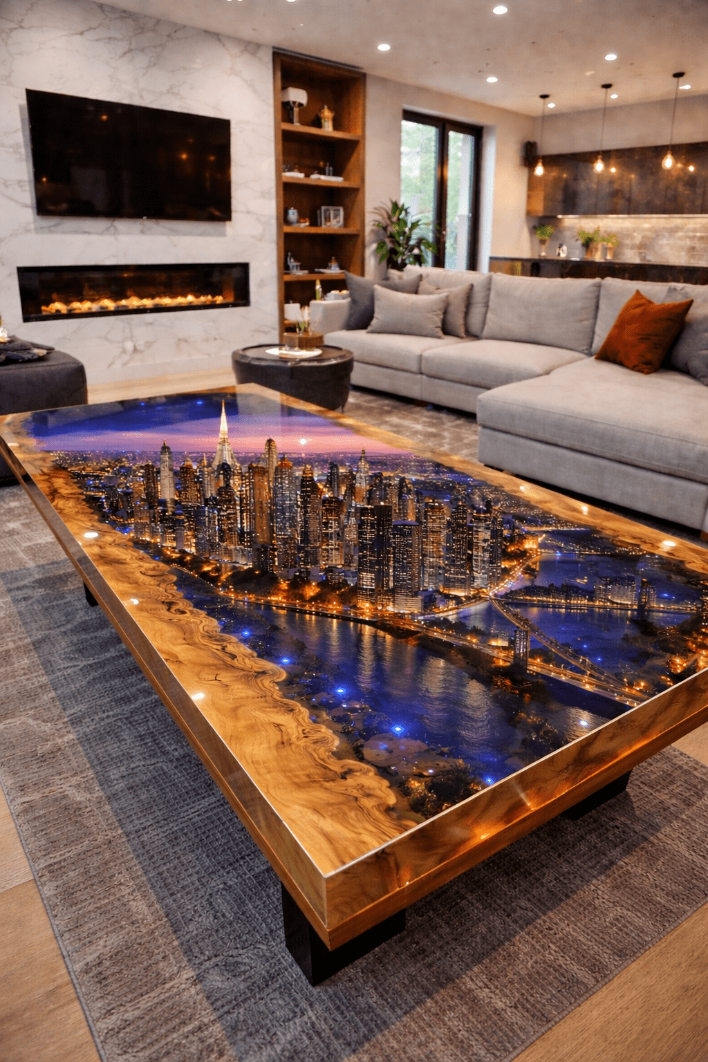 New York skyline epoxy resin coffee table with illuminated skyscrapers at night