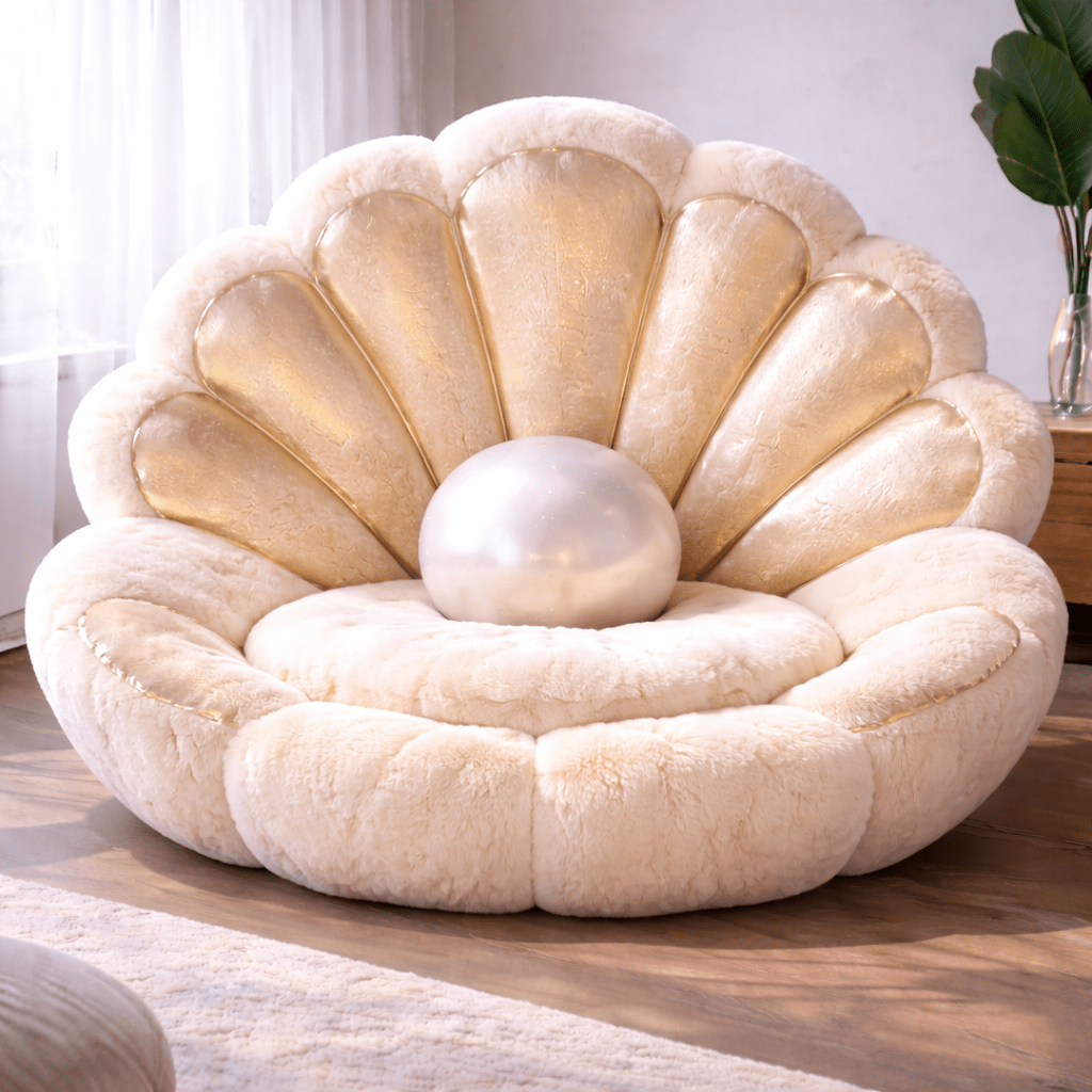 Cream pearl shell plush chair with gold interior panels and pearl cushion in modern living room