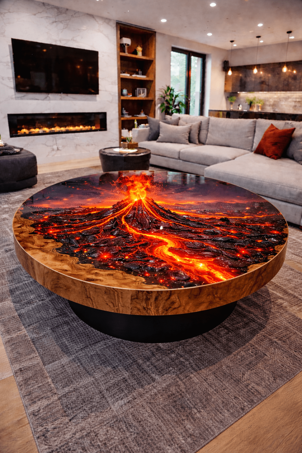 Luxury volcanic resin coffee table featuring molten lava effect and solid wood frame