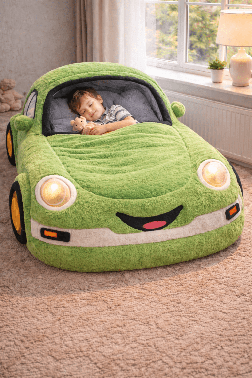 Green plush car-shaped kids sleeping bag showing a child resting comfortably inside