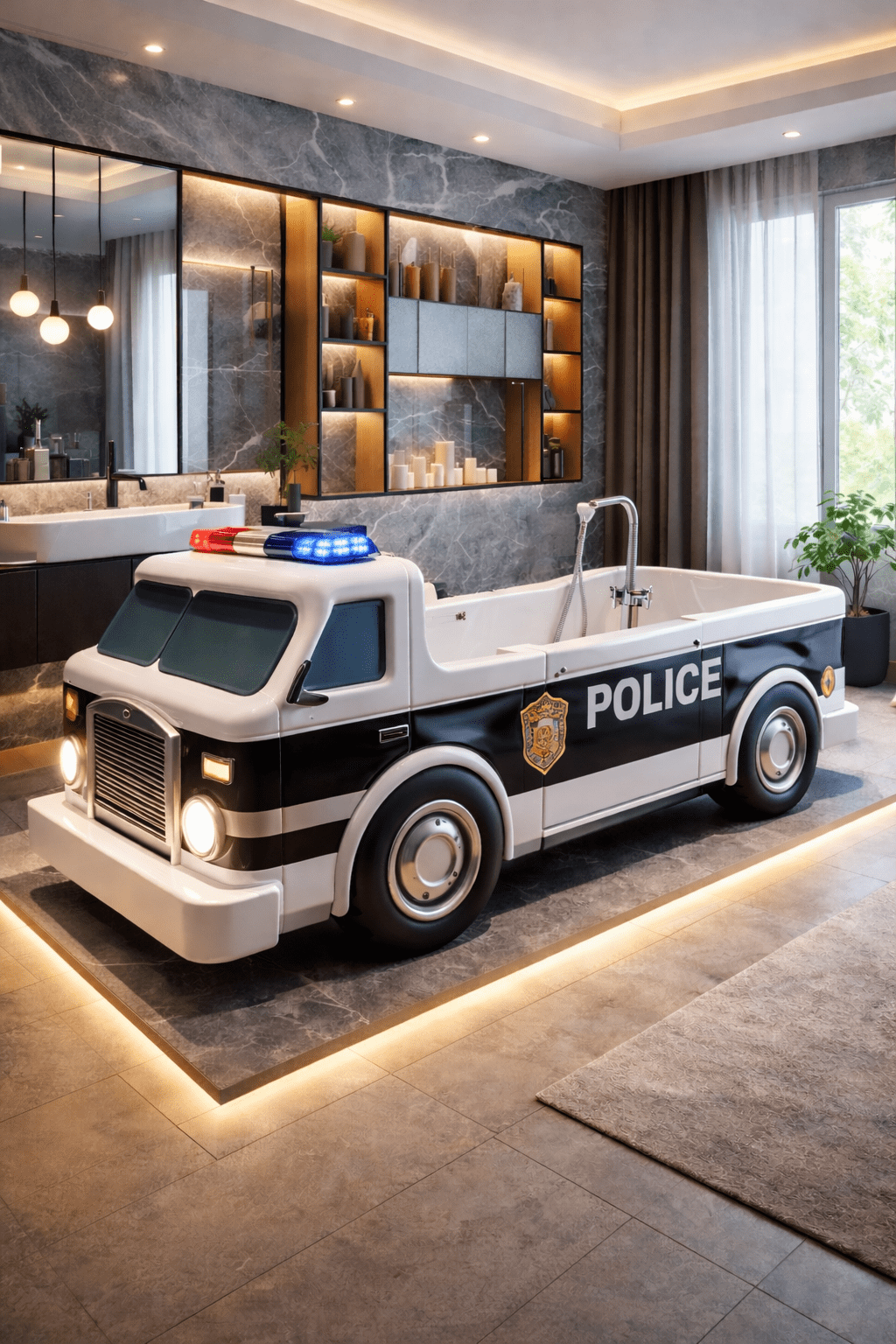 Black and white police-themed emergency vehicle bathtub with flashing lights in a modern bathroom
