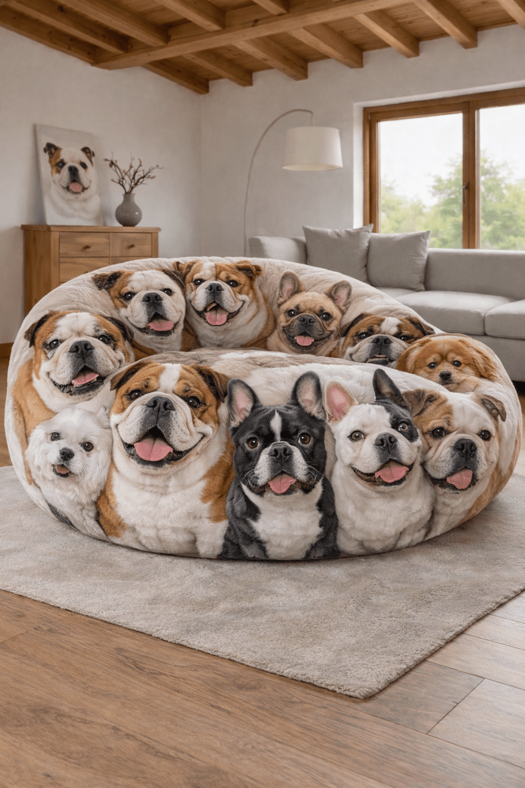 Oversized plush dog bean bag chair featuring bulldog designs in a contemporary home