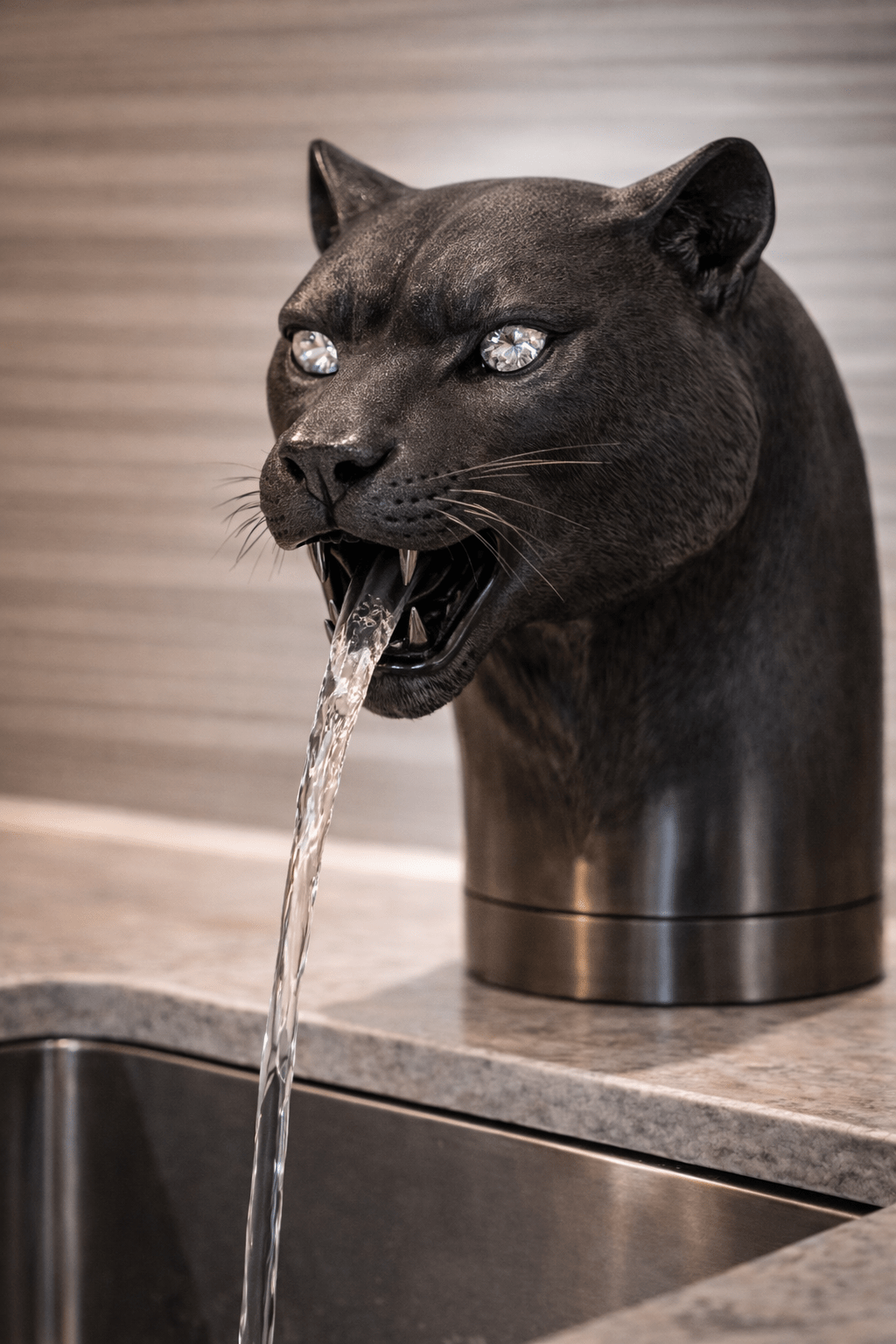 animal head taps: Matte black panther head tap with crystal eyes over stainless steel sink