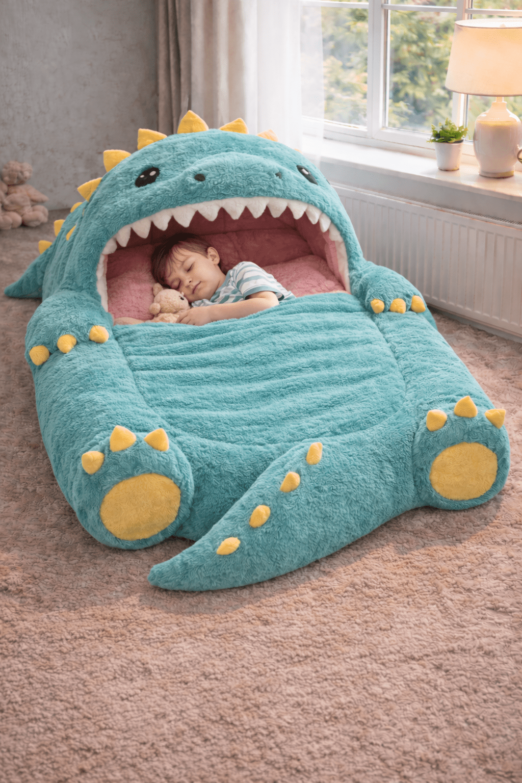 Turquoise dinosaur sleeping bag with oversized plush design for cosy children’s sleepovers