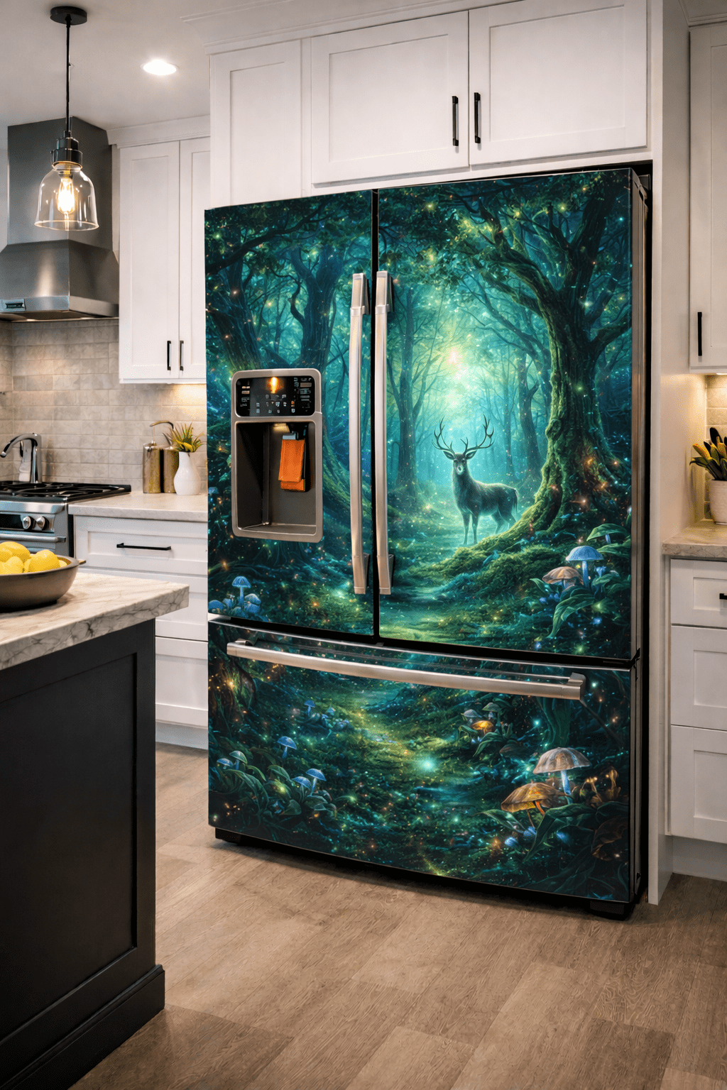 Enchanted forest fridge wrap featuring a majestic deer surrounded by glowing woodland scenery