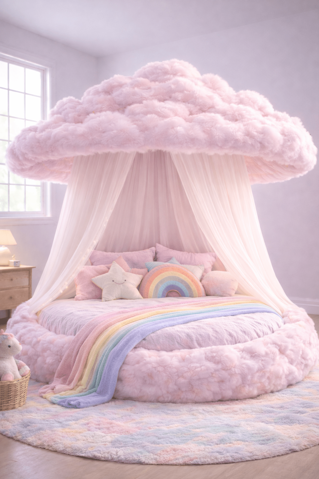 Plush pink cloud canopy bed featuring sheer curtains and pastel rainbow throw