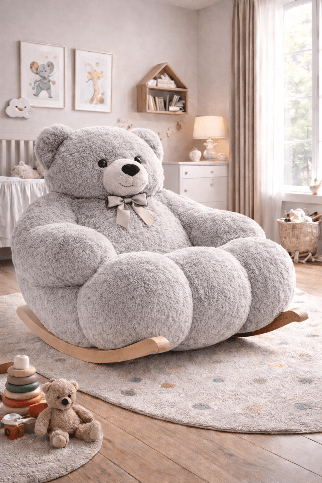 Soft grey oversized teddy bear rocking chair with wooden rocking base in nursery