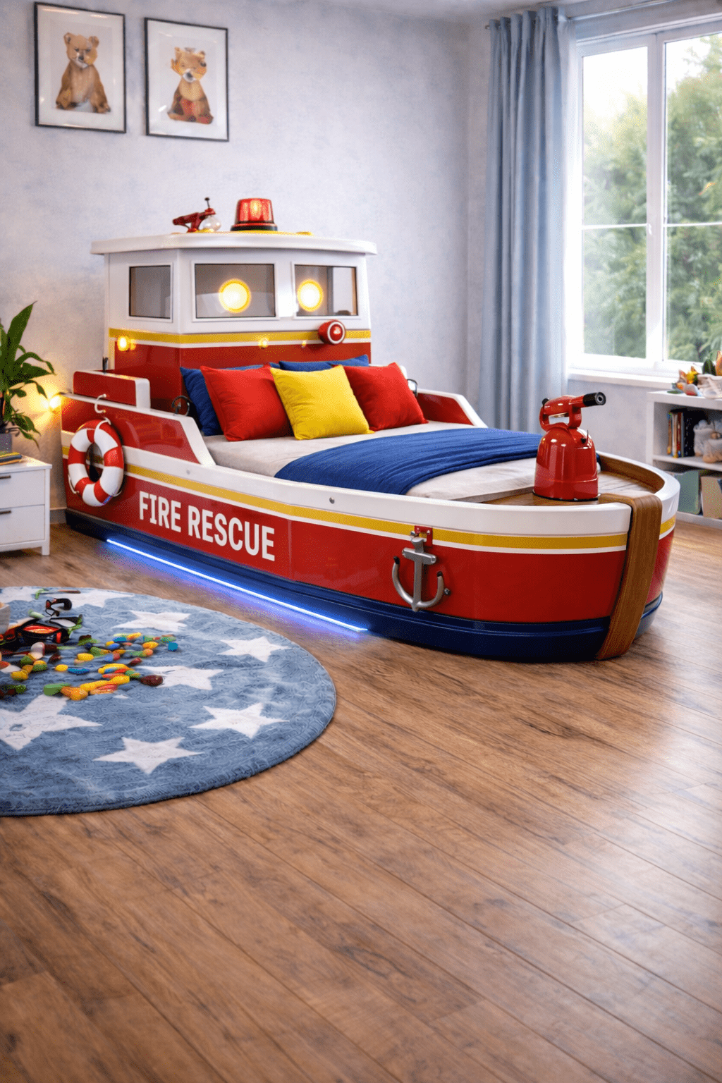 Red fire rescue boat-shaped bed with illuminated cabin windows and lifebuoy details