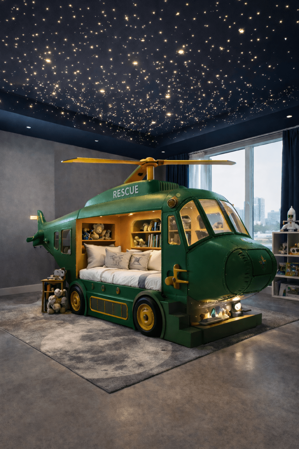 Green rescue helicopter bed with built-in shelves and soft lighting in modern child’s room
