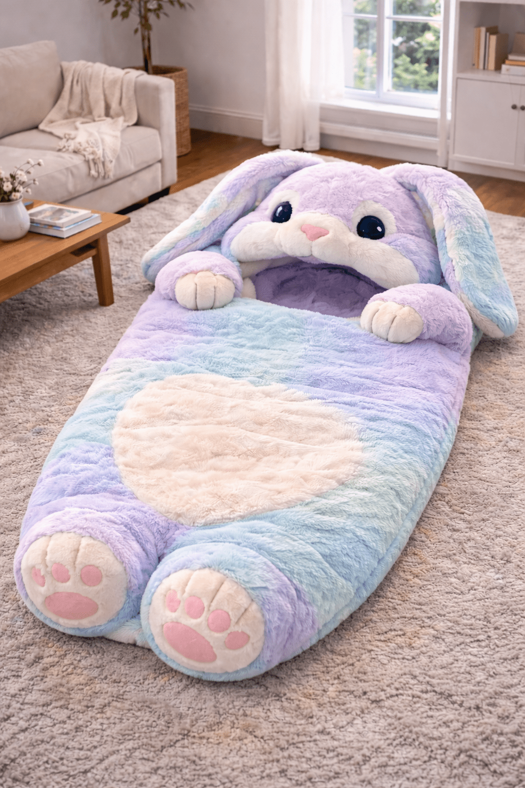 Pastel rainbow plush bunny sleeping bag featuring soft gradient colours and padded bunny design