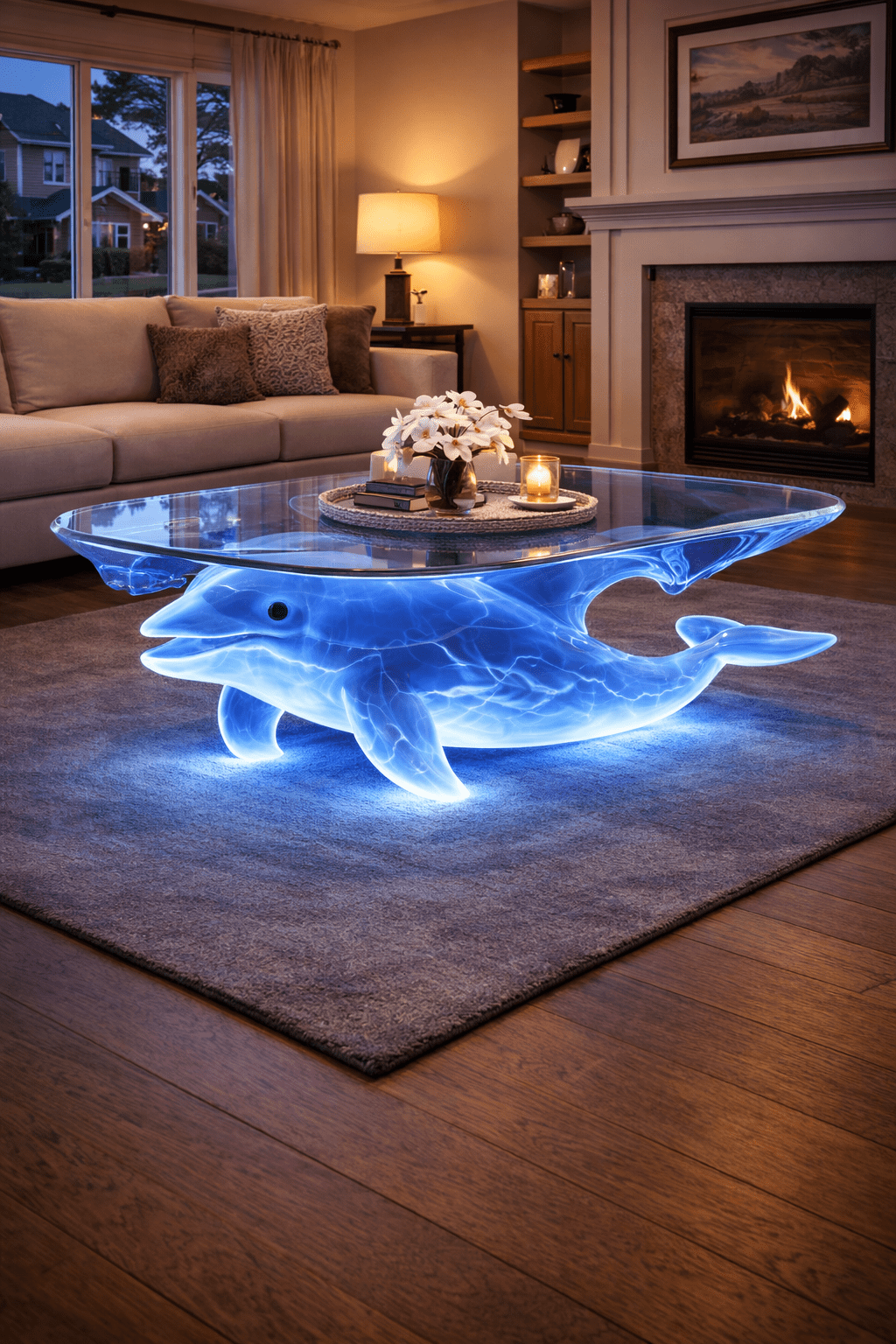 Glowing dolphin coffee table with blue LED lighting beneath a glass tabletop