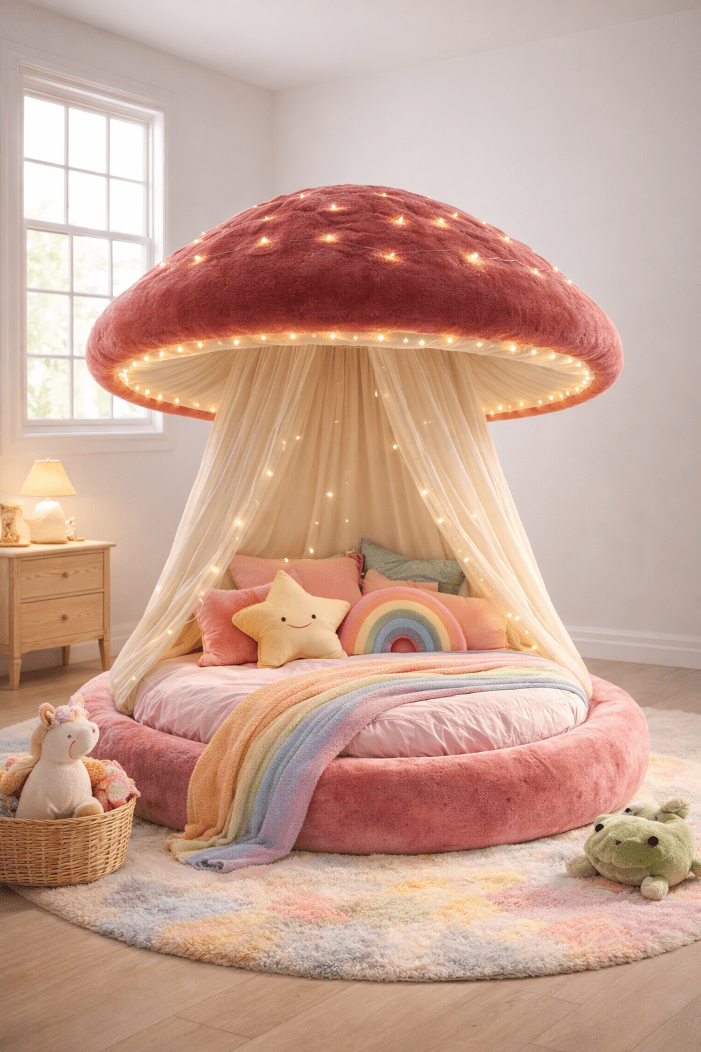 Soft pink mushroom canopy bed with pastel cushions and rainbow blanket