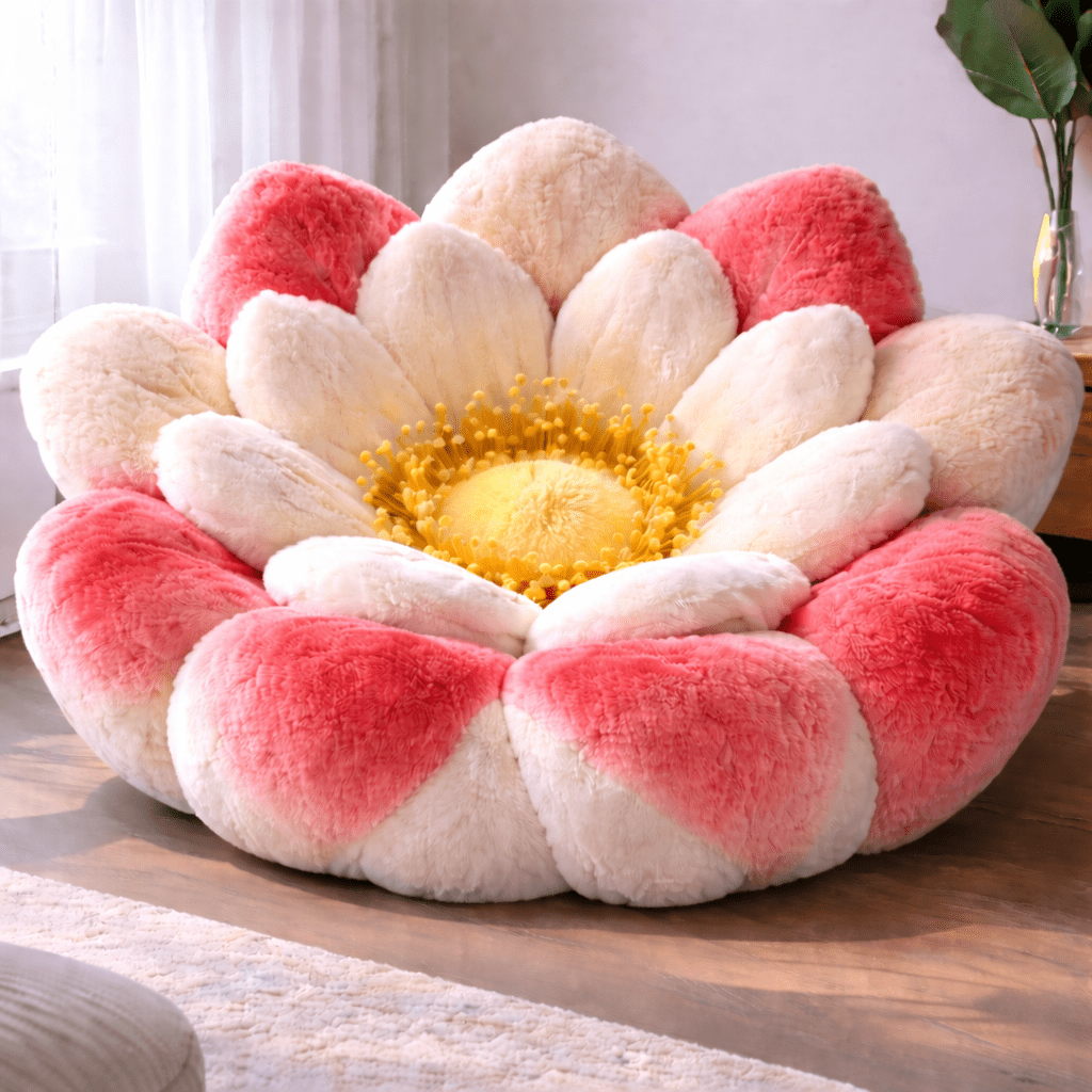 Giant plush flower chair featuring red, cream and yellow centre petals