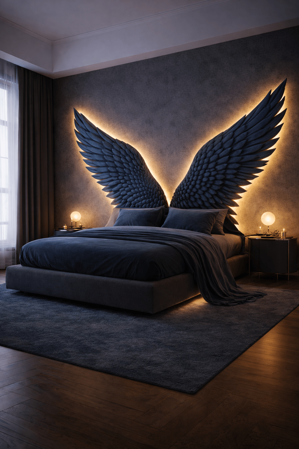 Deep blue angel wing bed featuring illuminated feather design