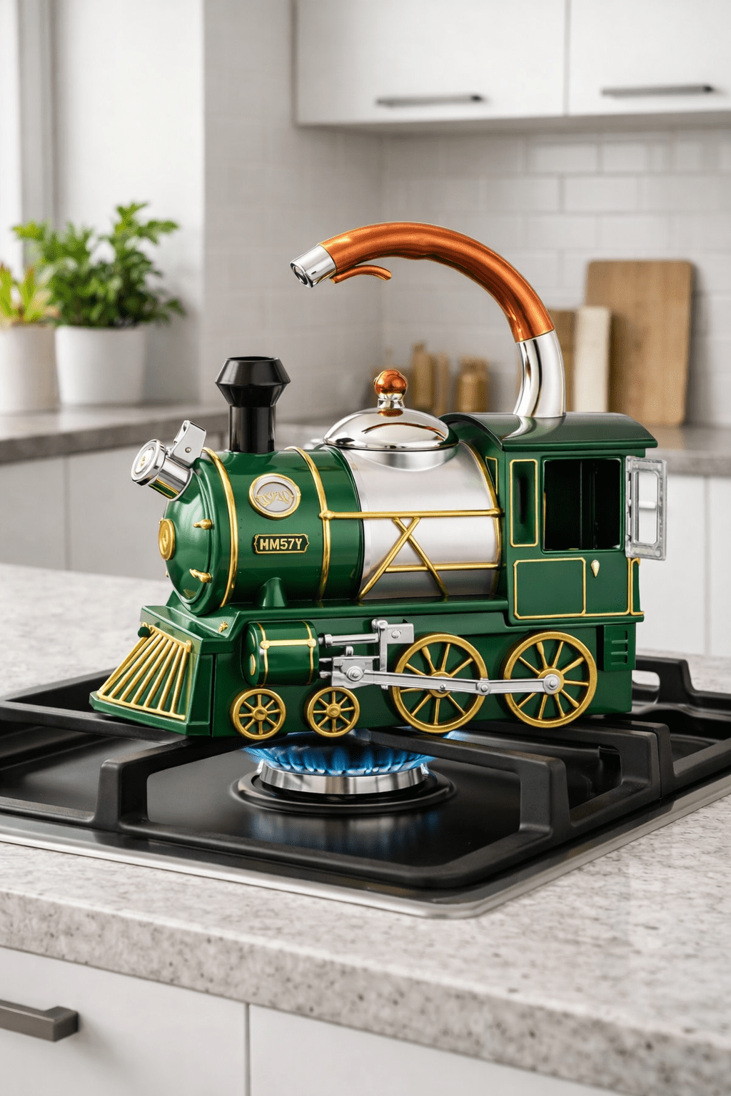 Green and copper vintage-style train-shaped electric kettle with gold detailing