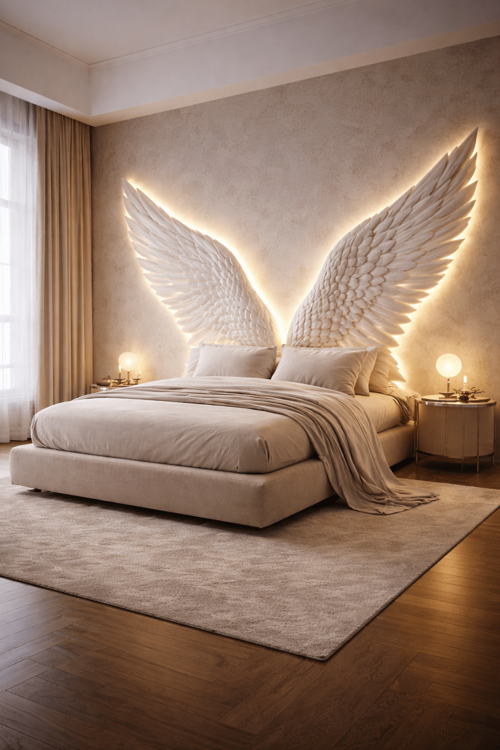 White feather angel wing headboard with warm ambient LED lights
