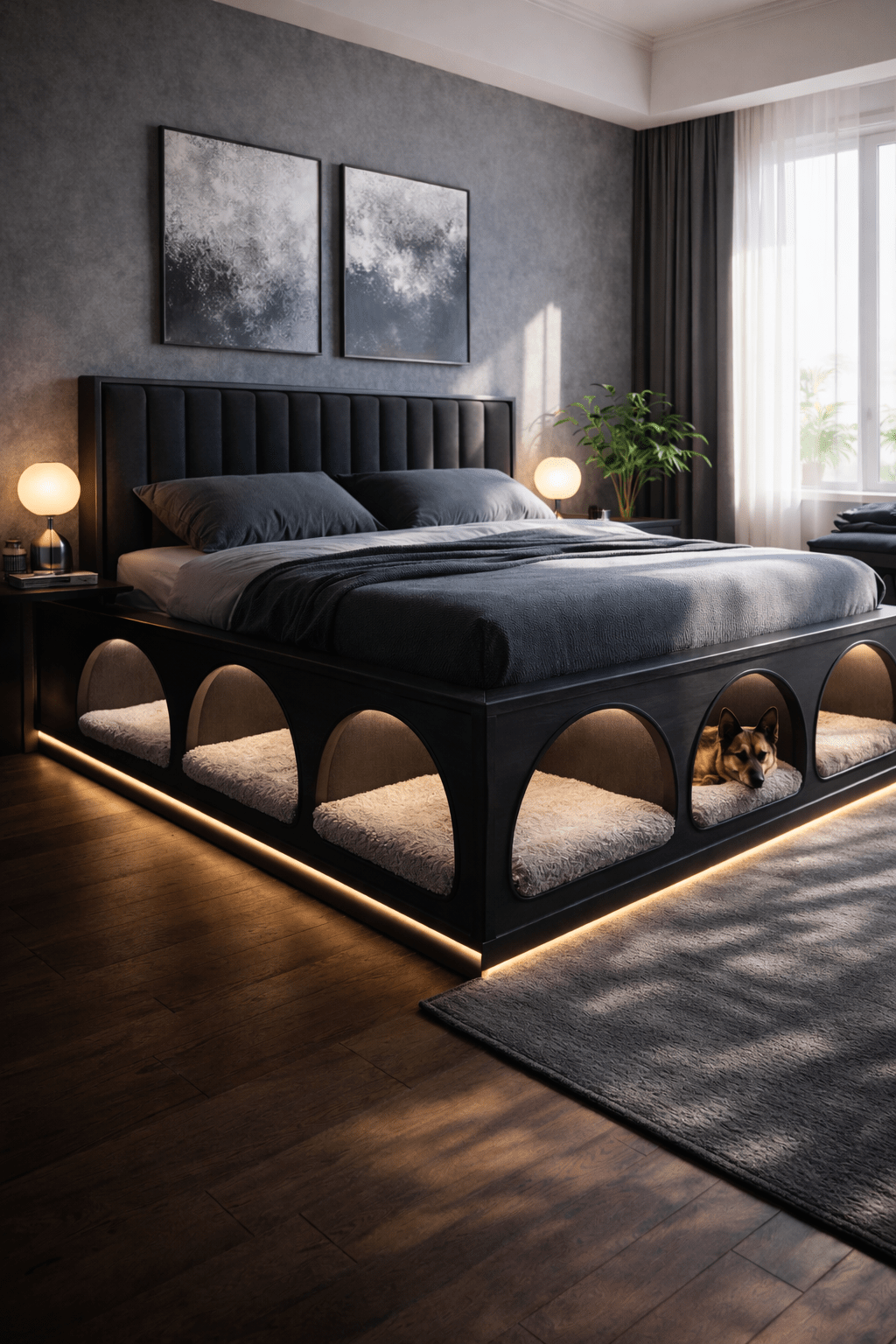 Black upholstered bed frame featuring arched pet sleeping pods beneath the mattress