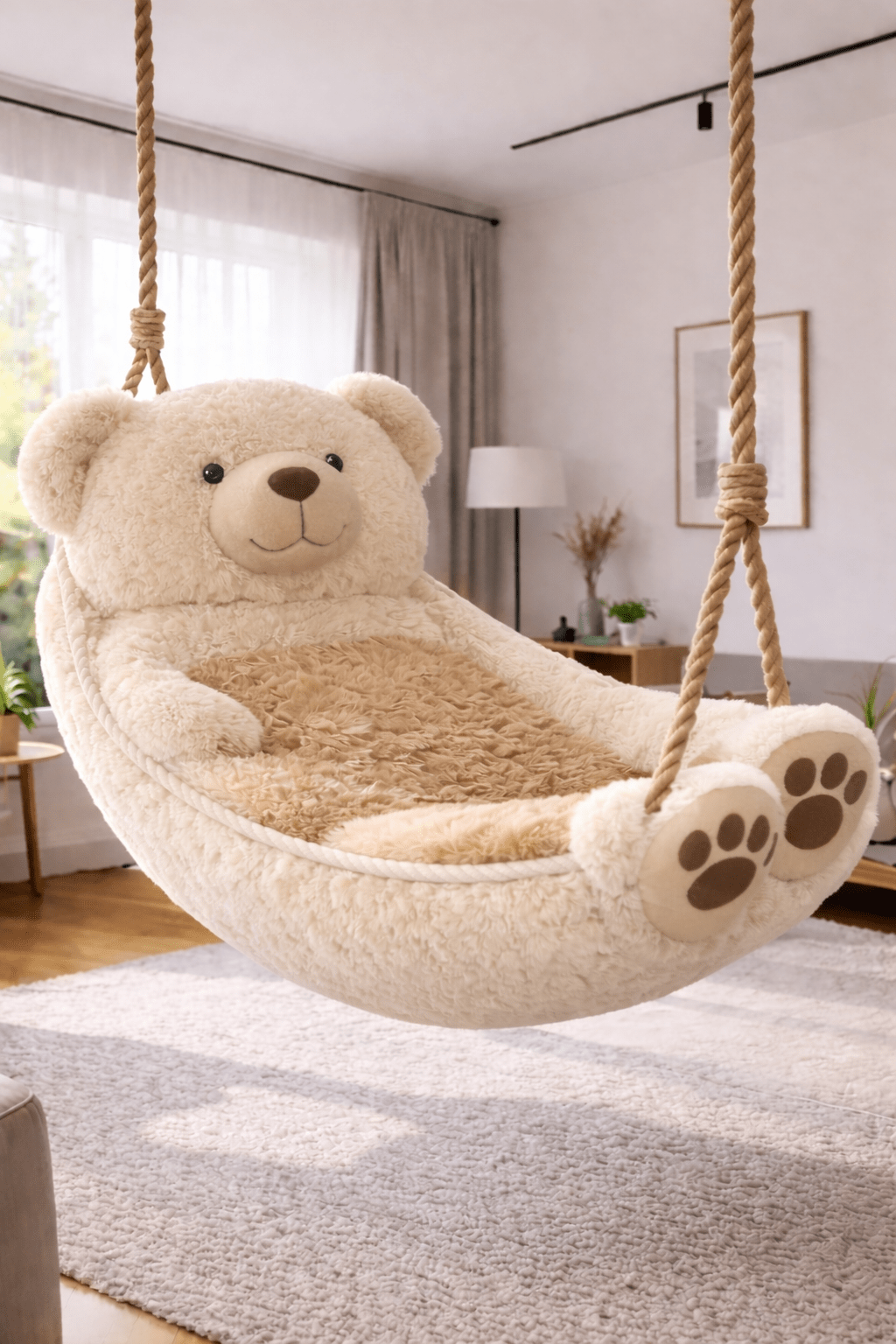 Oversized cream teddy bear swing chair suspended in modern living room