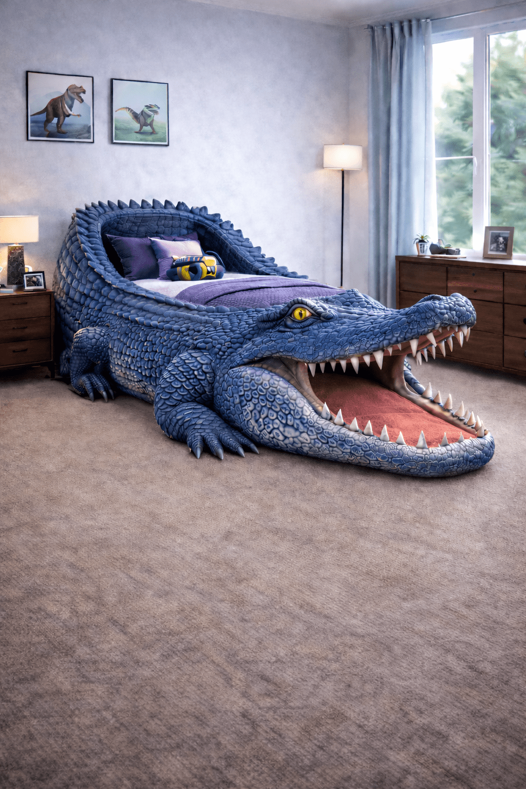 Realistic blue crocodile-shaped bed with sculpted scales in a modern children’s bedroom
