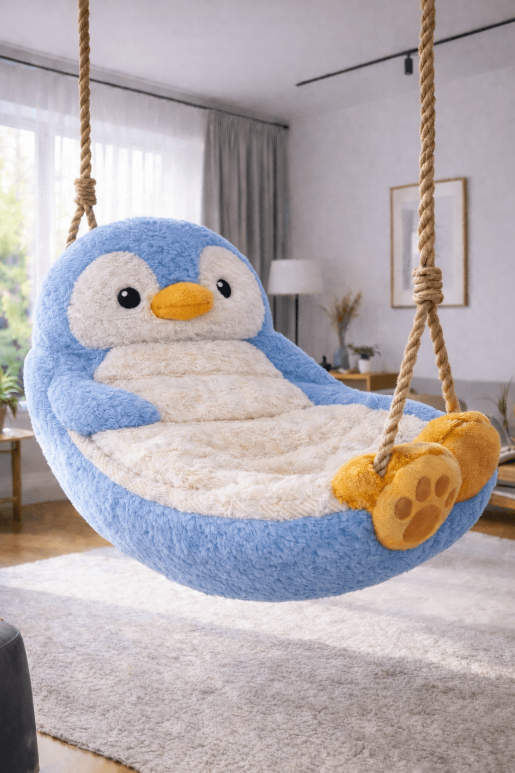 Blue penguin plush swing chair hanging indoors with rope suspension