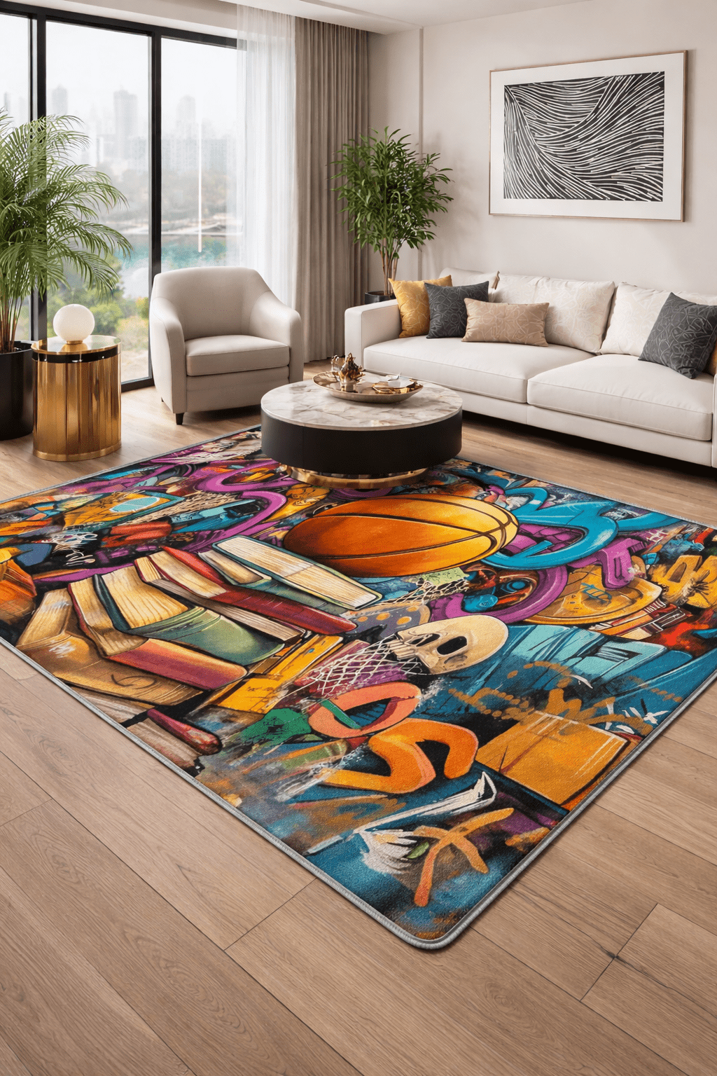 Vibrant pop art graffiti rug with books and basketball in modern lounge