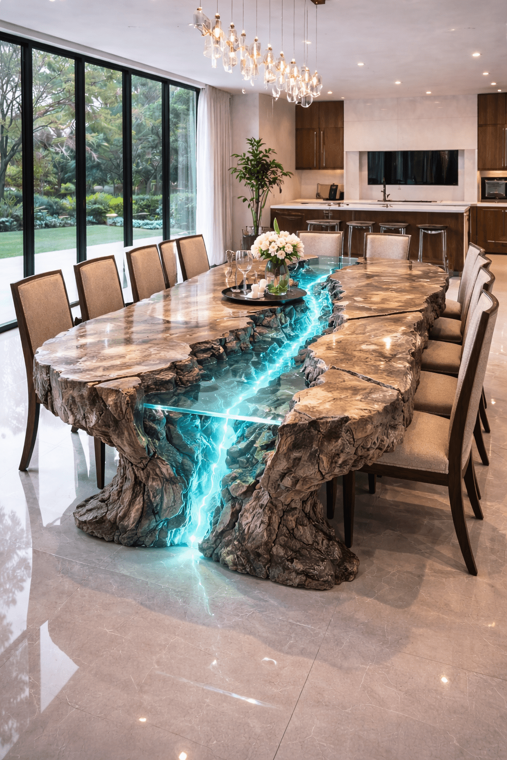 Modern volcanic rift dining table with glowing blue resin centre and stone-effect finish