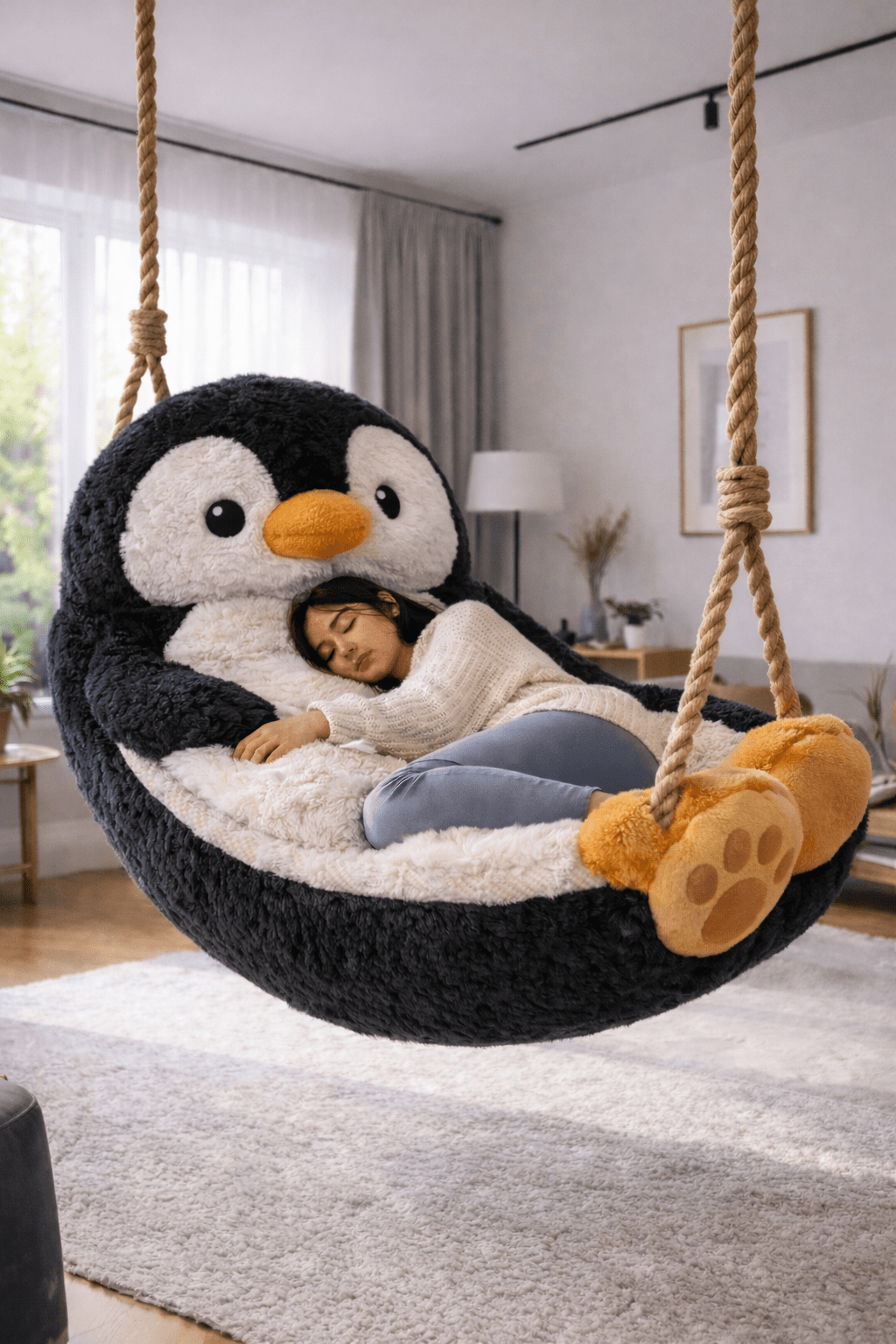 Oversized penguin hanging chair with adult relaxing inside