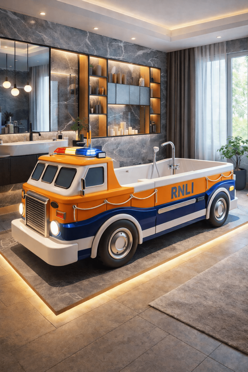 Orange and blue RNLI rescue truck bathtub designed as a luxury statement bath