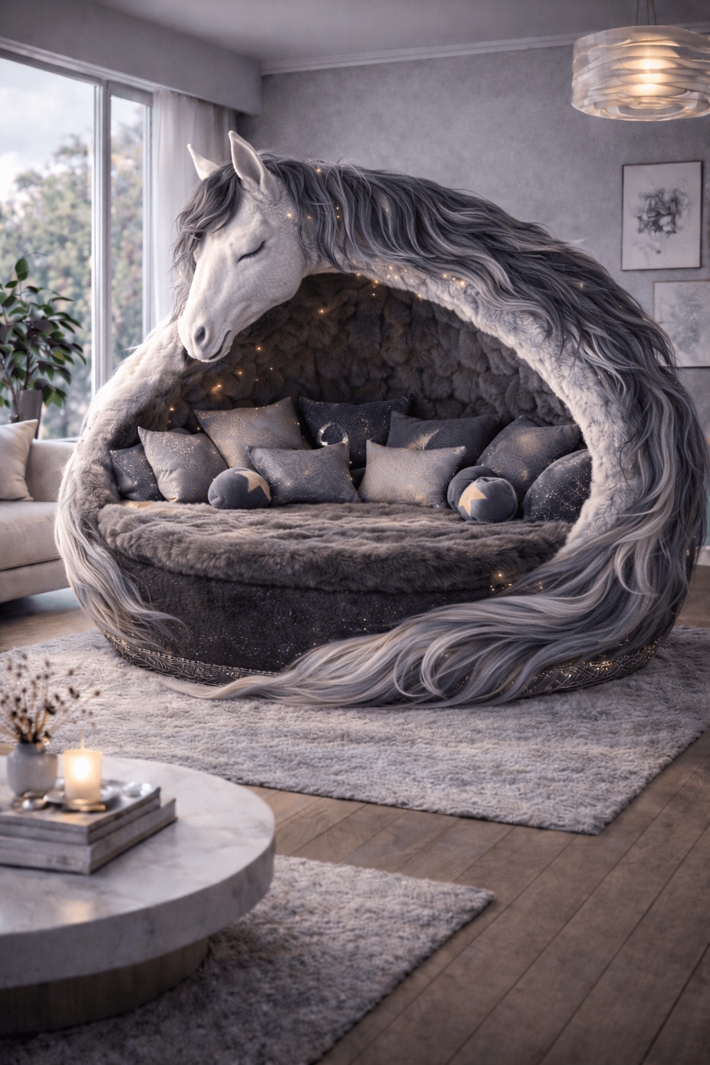 Grey horse-inspired pod sofa with enclosed plush seating, star cushions and subtle LED lighting