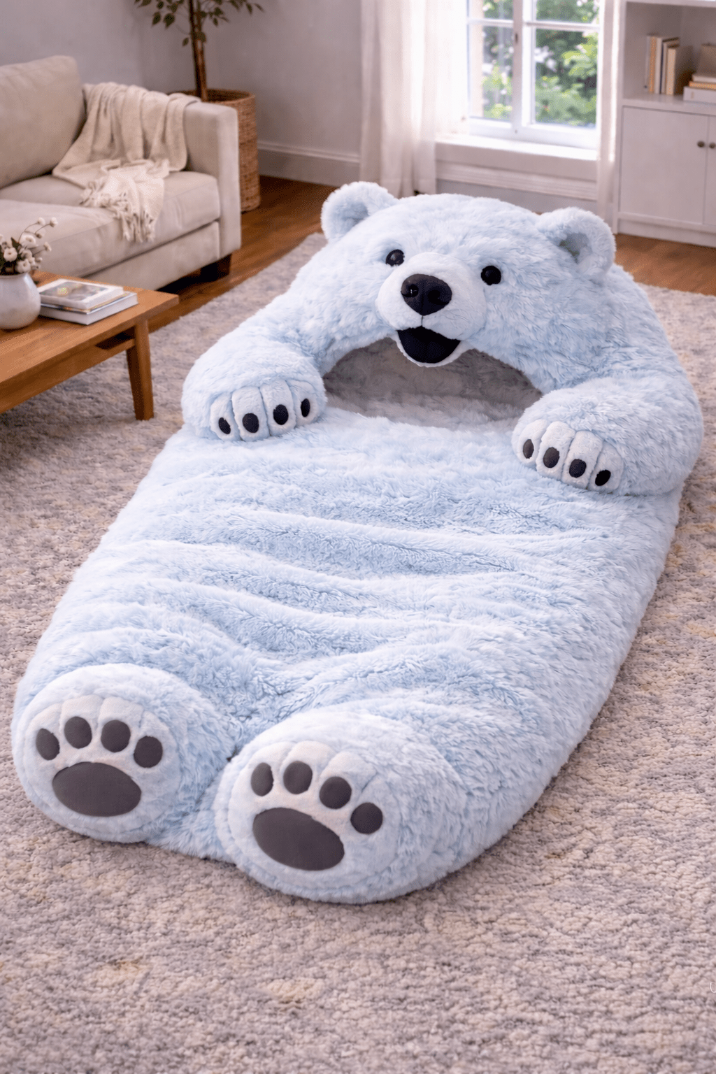 Baby blue oversized plush polar bear sleeping bag with padded paws and soft faux fur design
