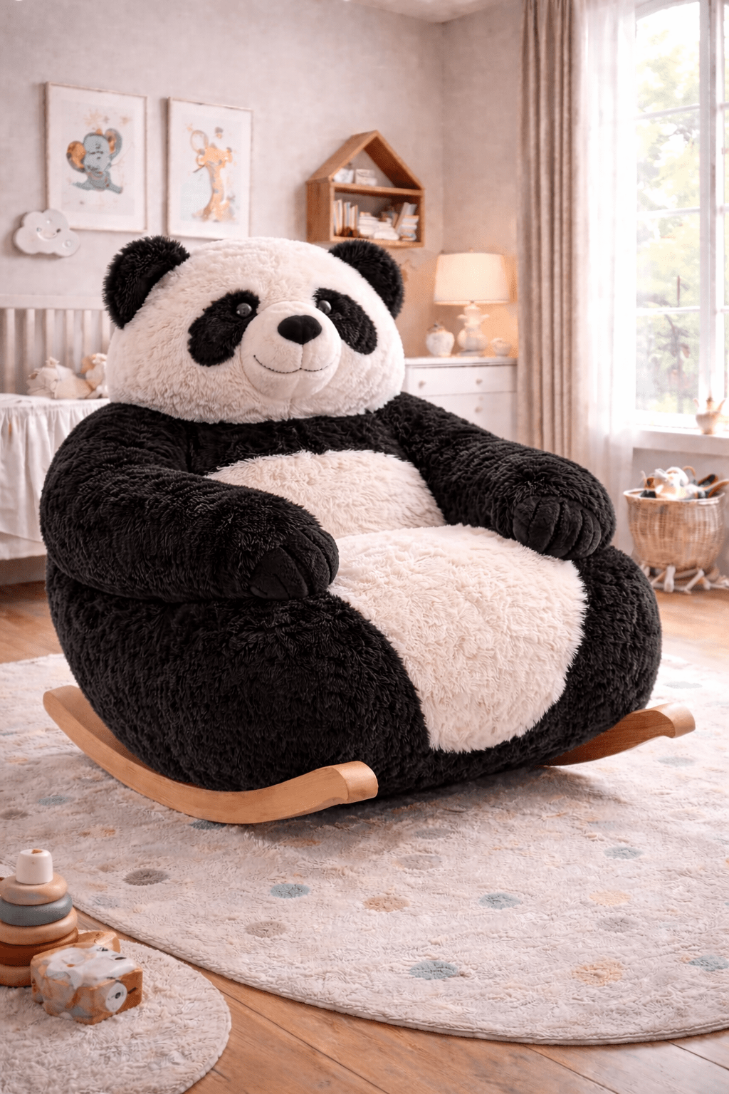 Large plush panda rocking chair with wooden base in a modern children’s room
