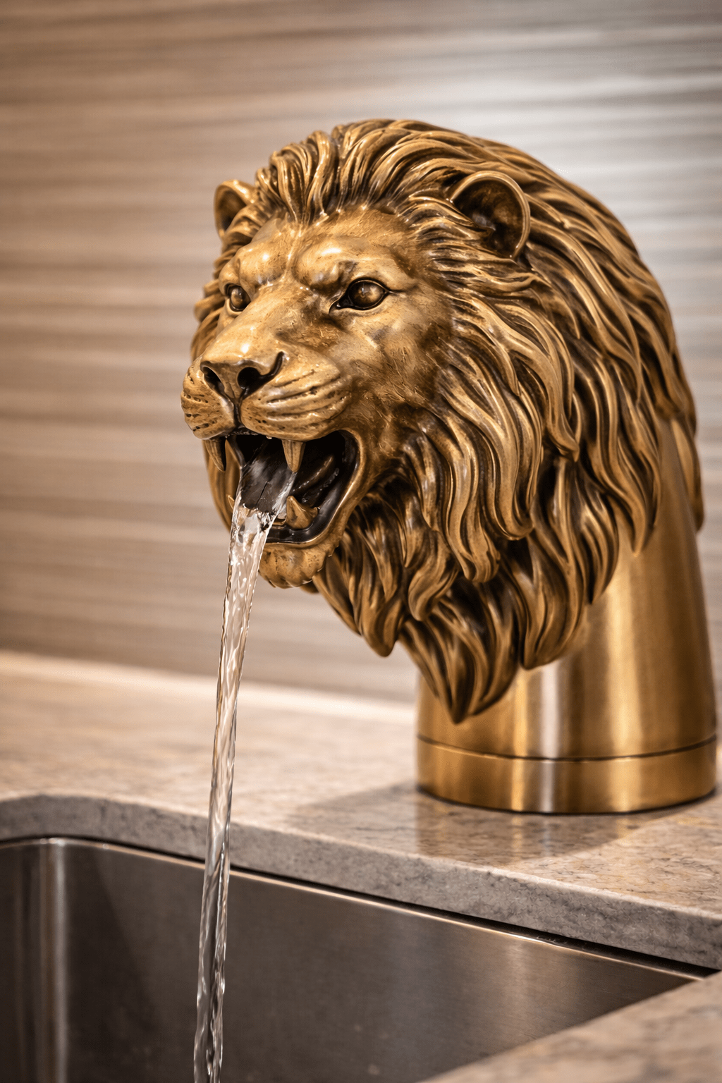 Bronze lion head kitchen tap with flowing water feature
