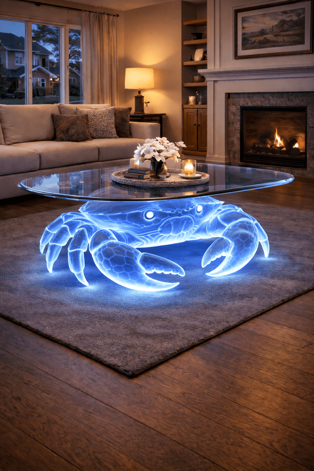 Blue illuminated crab-shaped coffee table creating a bold living room centrepiece